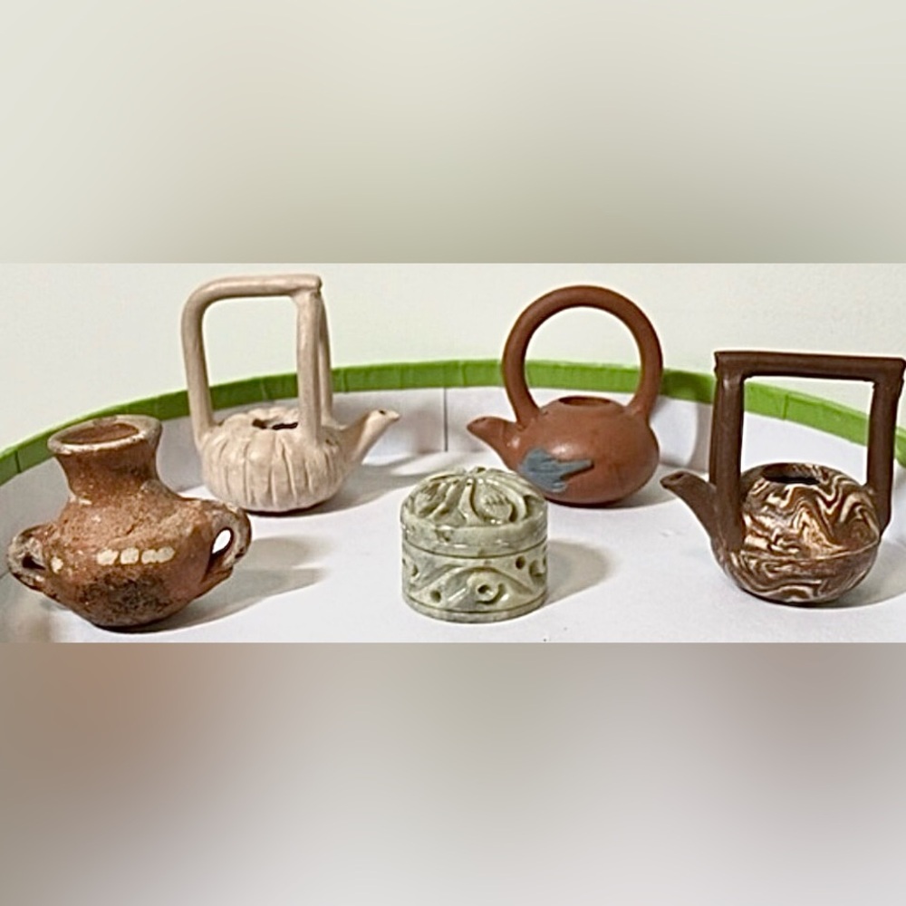 Vintage set of miniature clay pottery water tea kettles & marble mini round box